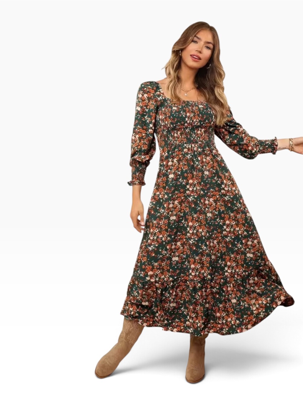Floral Smocked Maxi Dress in Teal and Rust
